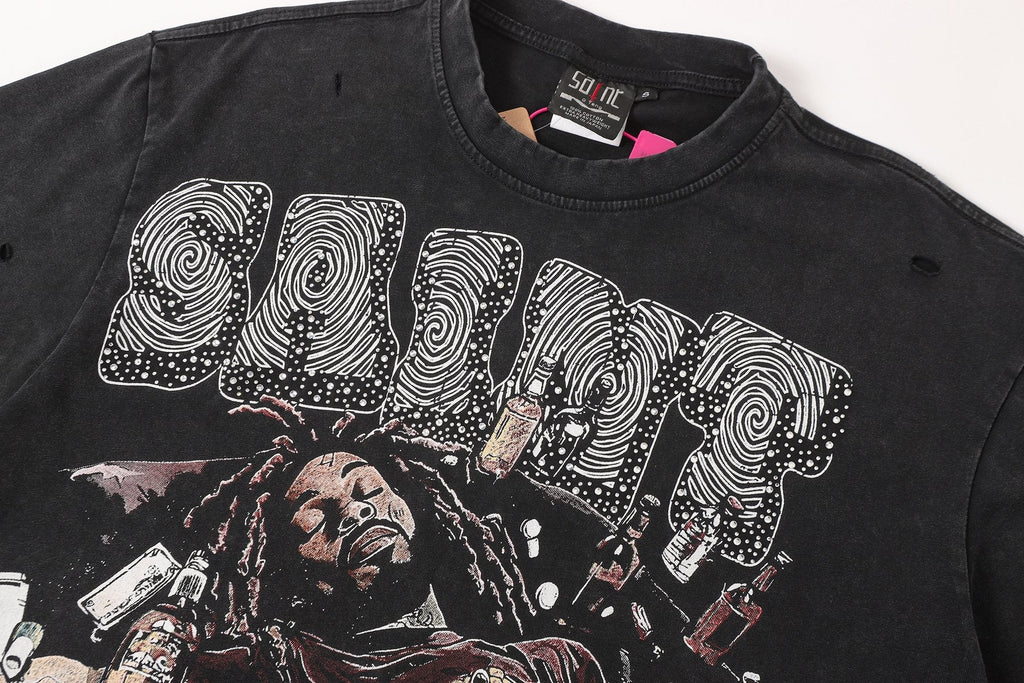 SAINT Free Alcohol Washed Black Graphic T-Shirt
