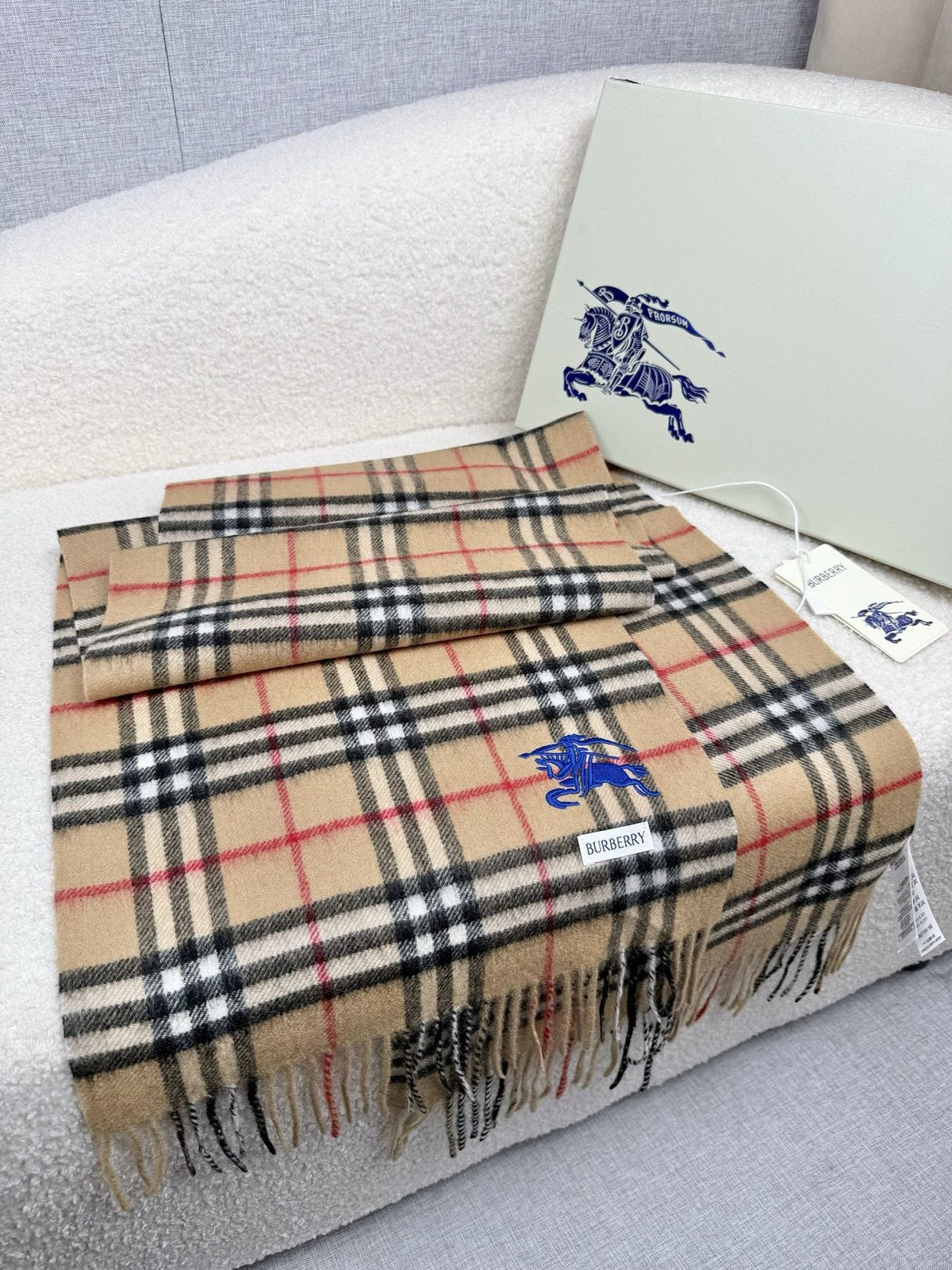 Burberry Beige Plaid Fringe Scarf